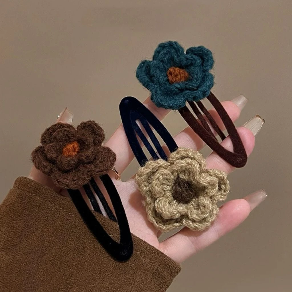 花朵针织毛线发夹植绒边夹女甜美温柔碎发刘海夹外出百搭bb夹头饰