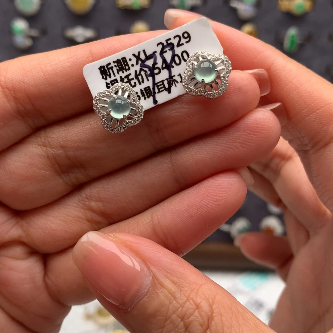 翡翠银S925镶嵌戒指耳钉