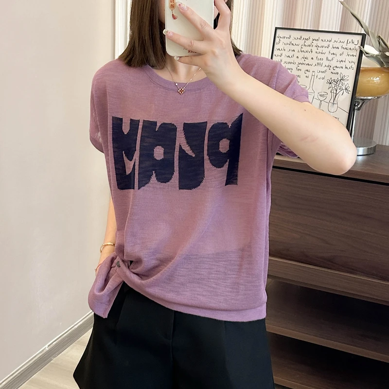 竹节字母提花斜纽扣设计感飞飞袖针织衫夏季新款上衣宽松韩版T恤