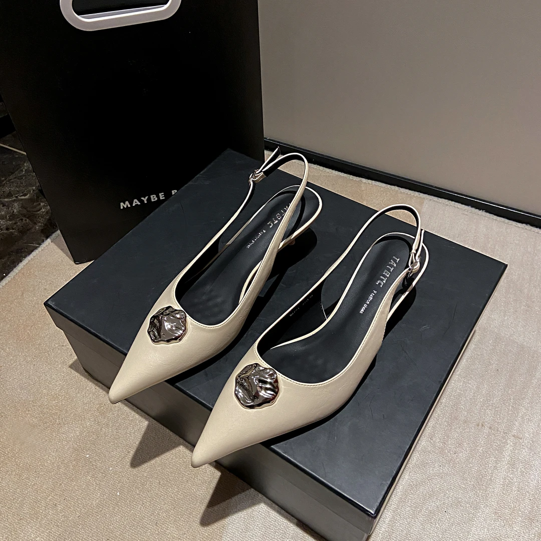 【3公分】2025春夏新款百搭包头浅口法式设计感细跟一字带后空凉鞋