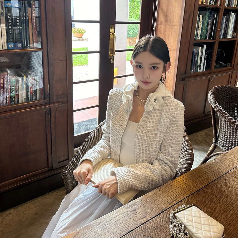 3/8「25C淡香山茶花」重工定做带钻花朵可拆卸 连帽拉链小香外套