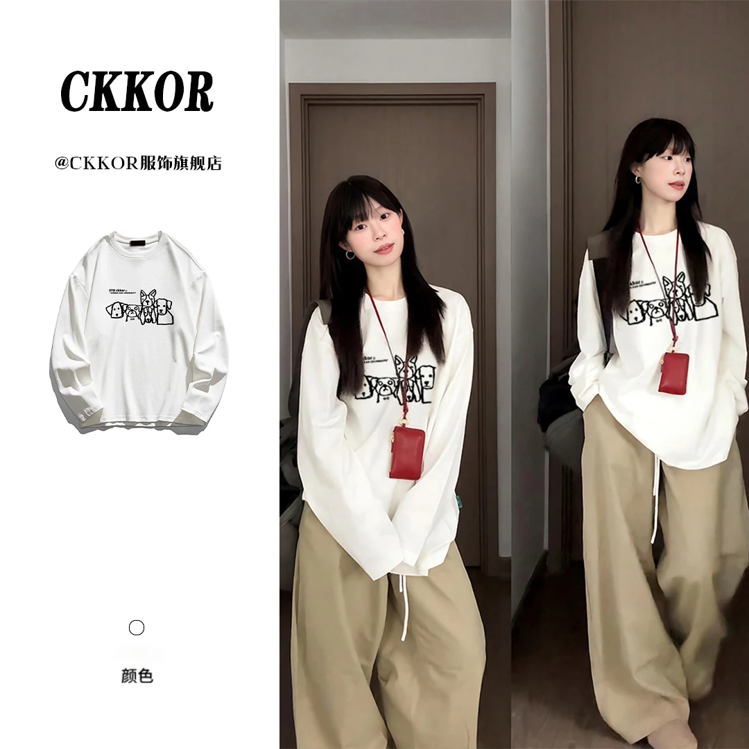 CKKOR早秋新款宽松圆领长袖t恤女韩系ins百搭休闲慵懒风通勤上衣
