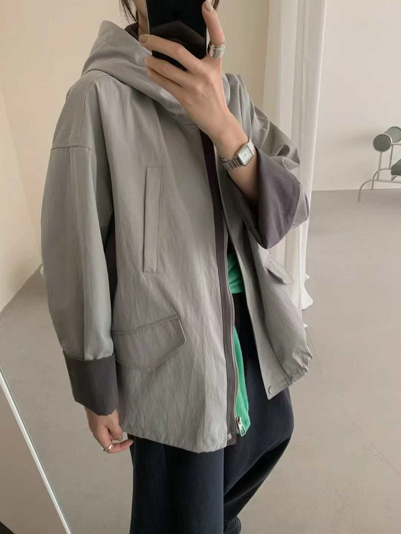 2585-S韩系简约秋装新款连帽外套百搭休闲宽松潮流