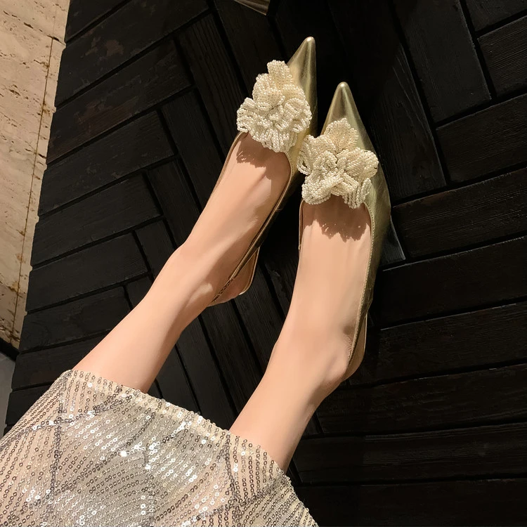 软羊皮+牛皮~3.5cm春夏款包头凉鞋女串珠花朵后空玛丽珍气质单鞋