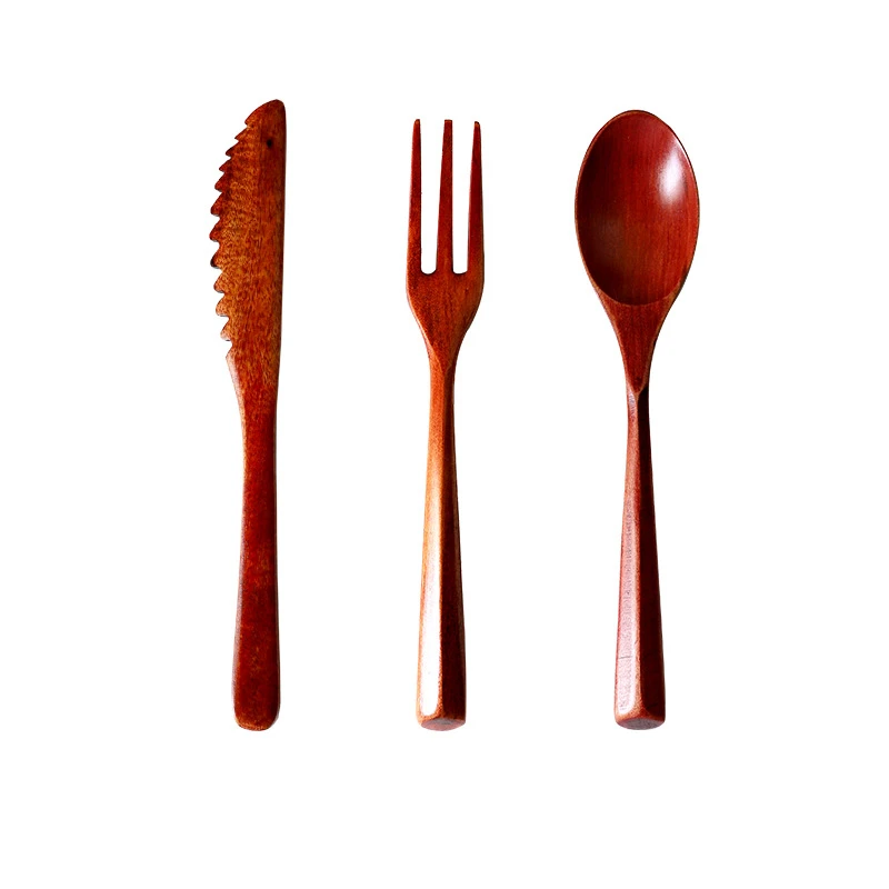 日式木质刀叉勺套装简约三角柄创意实木饭勺木质水果叉面膜刀套装