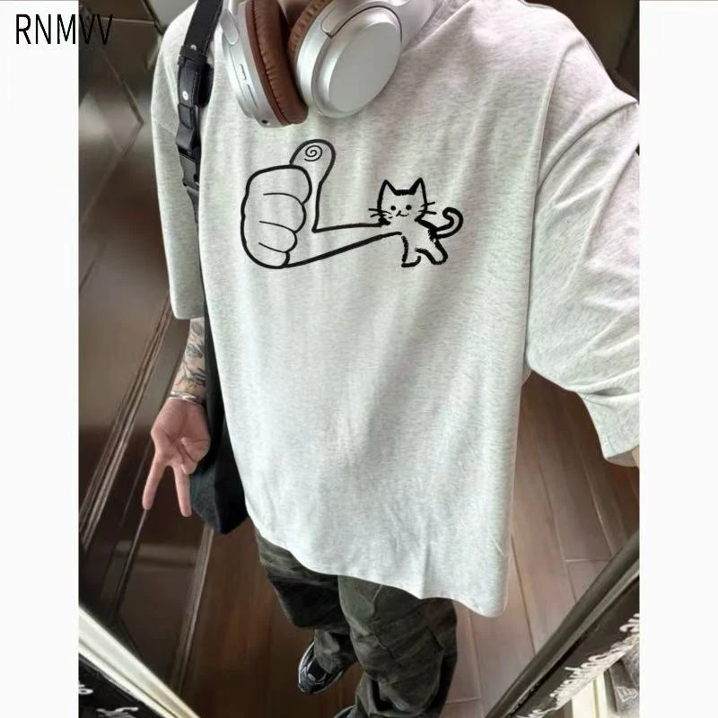 夏季新款趣味涂鸦小猫ins印花街头学院风男女情侣重磅纯棉T恤潮