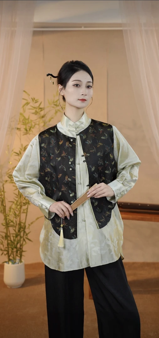 【如意千禧馆】花蝶绮梦——100分桑蚕丝宋锦长寿蝴蝶双面刺绣马甲 5