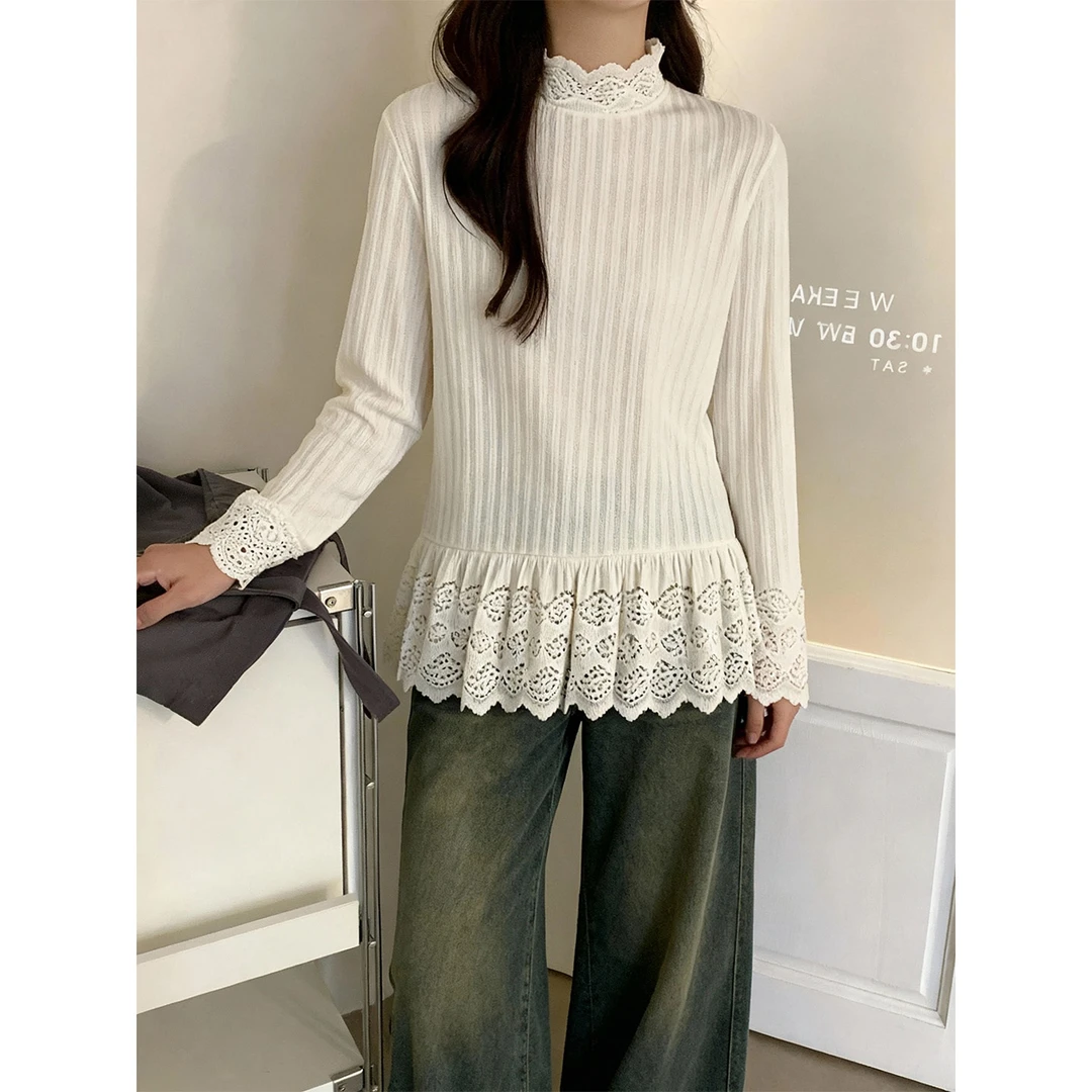 胖妹妹杏色花边半高领长袖T恤女秋冬新款叠穿蕾丝内搭打底衫上衣