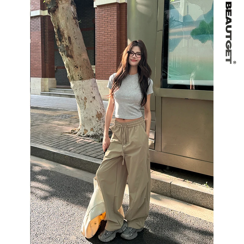 Beautget夏季解构设计款伞兵裤女ins潮流宽松薄款小弯刀休闲裤