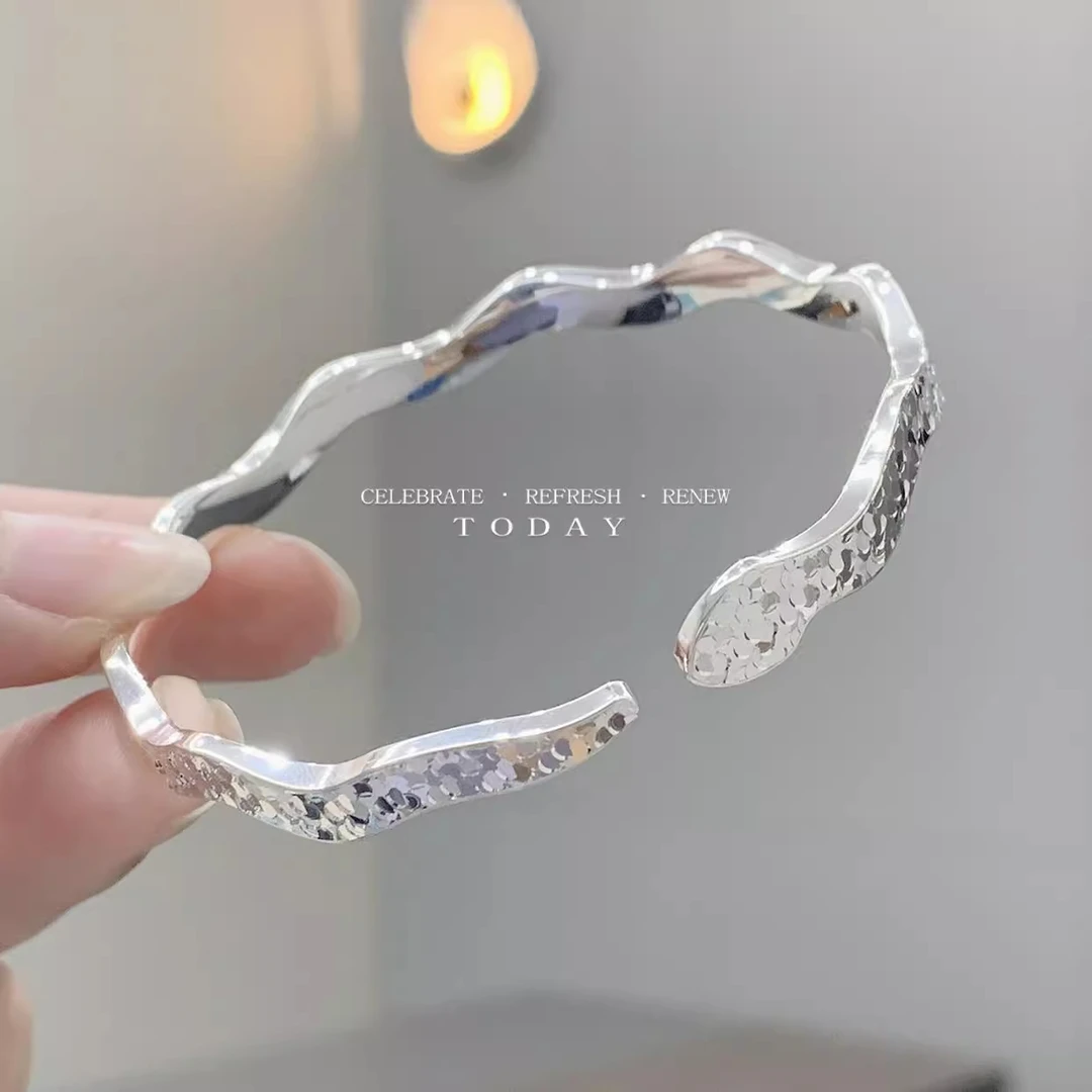 足银手镯 灵蛇碎冰冰银手镯女纯银S999轻奢镯子简约百搭气质礼物