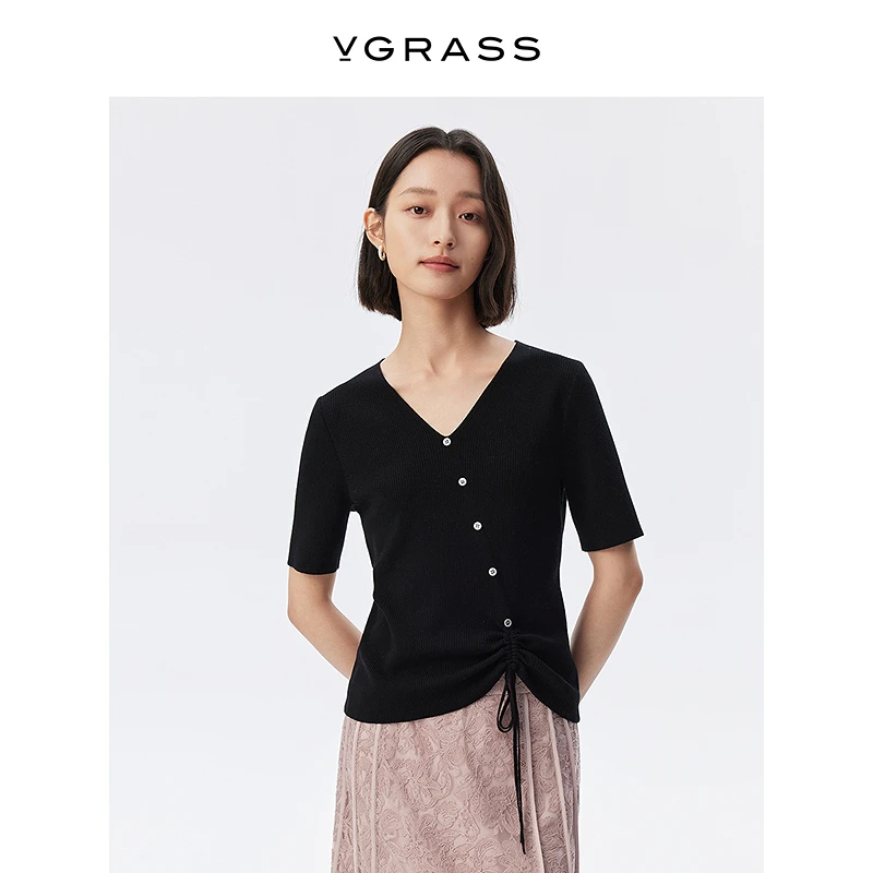 【羊羊专属】VGRASS欧若假日风25春新款羊毛V领针织衫VZZ3Q1544D