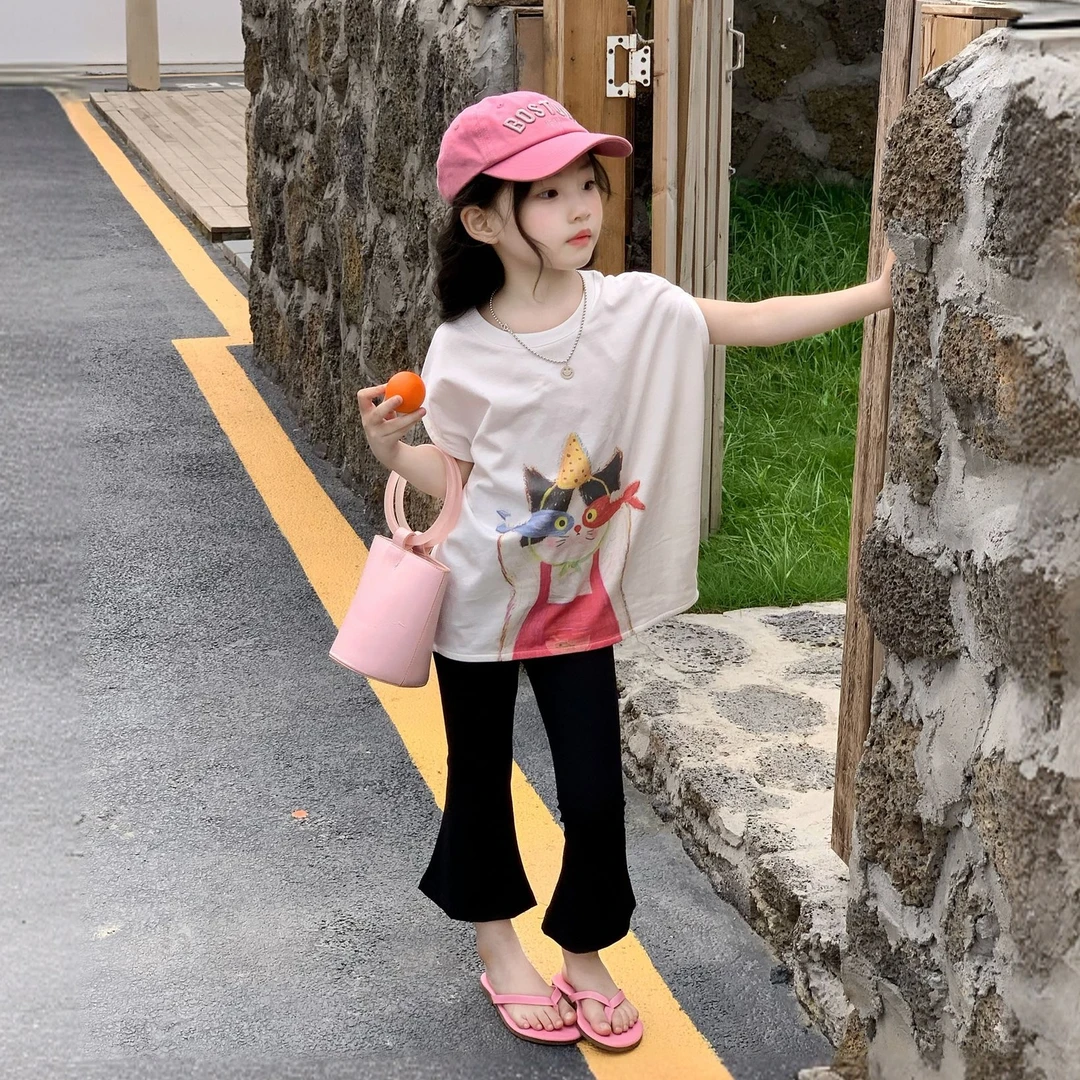 2025夏季新款女童洋气卡通小猫宽松短袖T恤+休闲喇叭九分裤两件套