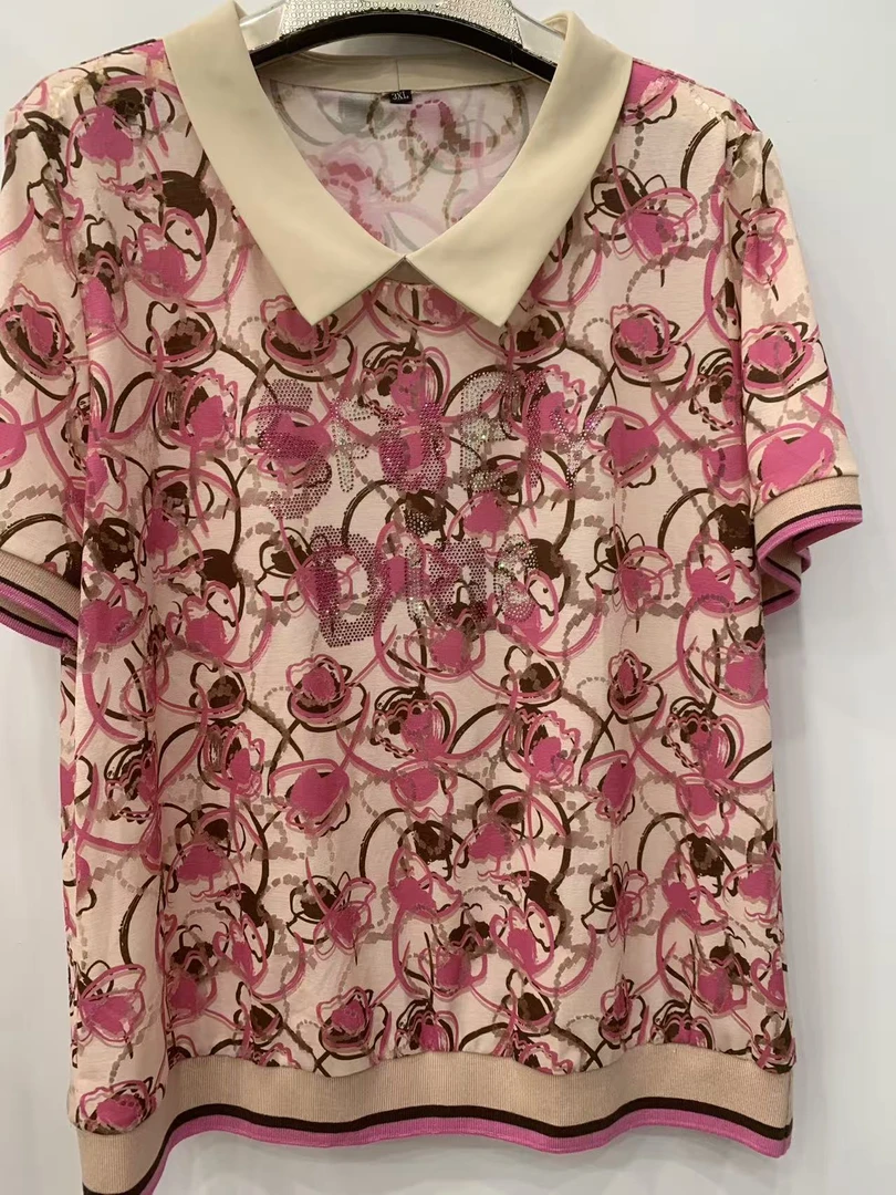 常规款印花短袖常规拼接T恤翻领针织气质花色