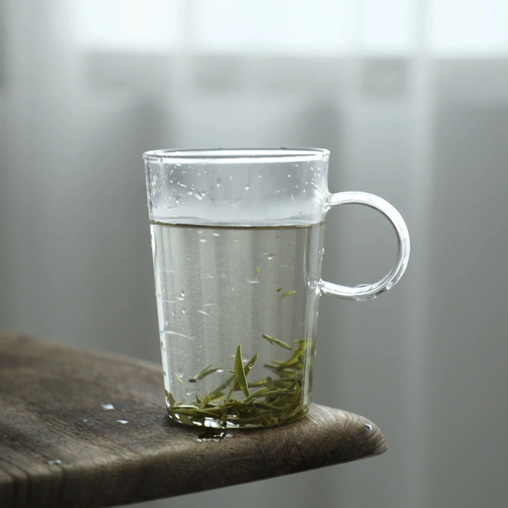 高硼硅玻璃绿茶杯圆把手设计随手杯加厚透明玻璃花茶杯果汁牛奶杯