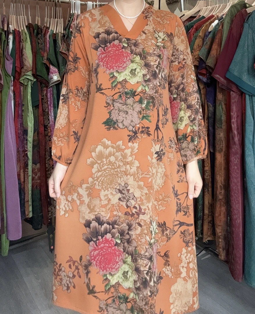 1192-1新款妈妈装时尚减龄中长款洋气改良旗袍裙