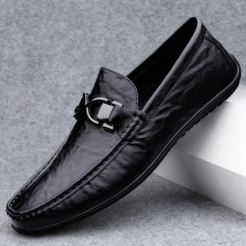 春季男鞋新款真皮豆豆鞋男士时尚百搭休闲皮鞋软底透气手工商务鞋