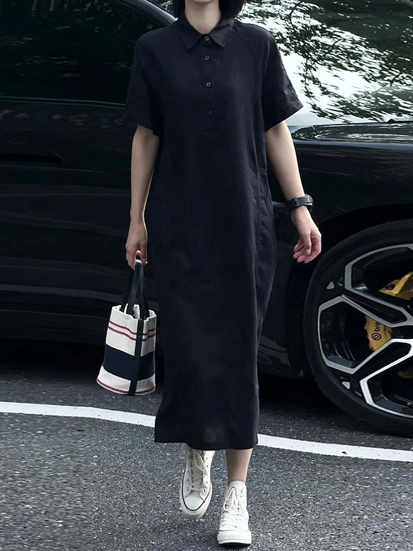 时尚短袖polo领连衣裙女2025夏季新款简约气质韩版轻奢高级感长裙