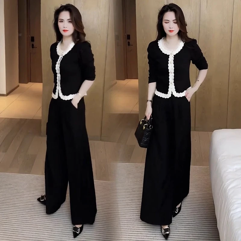 时尚套装女2025春季新款蕾丝拼接T恤阔腿裤两件套欧若风穿搭