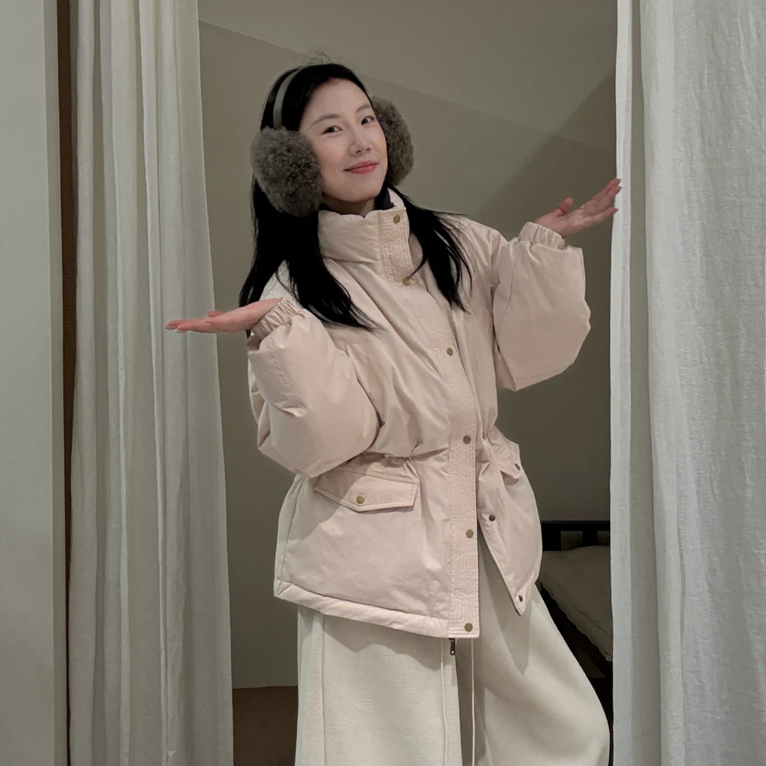 【梨花服饰】中长款立领收腰羽绒外套