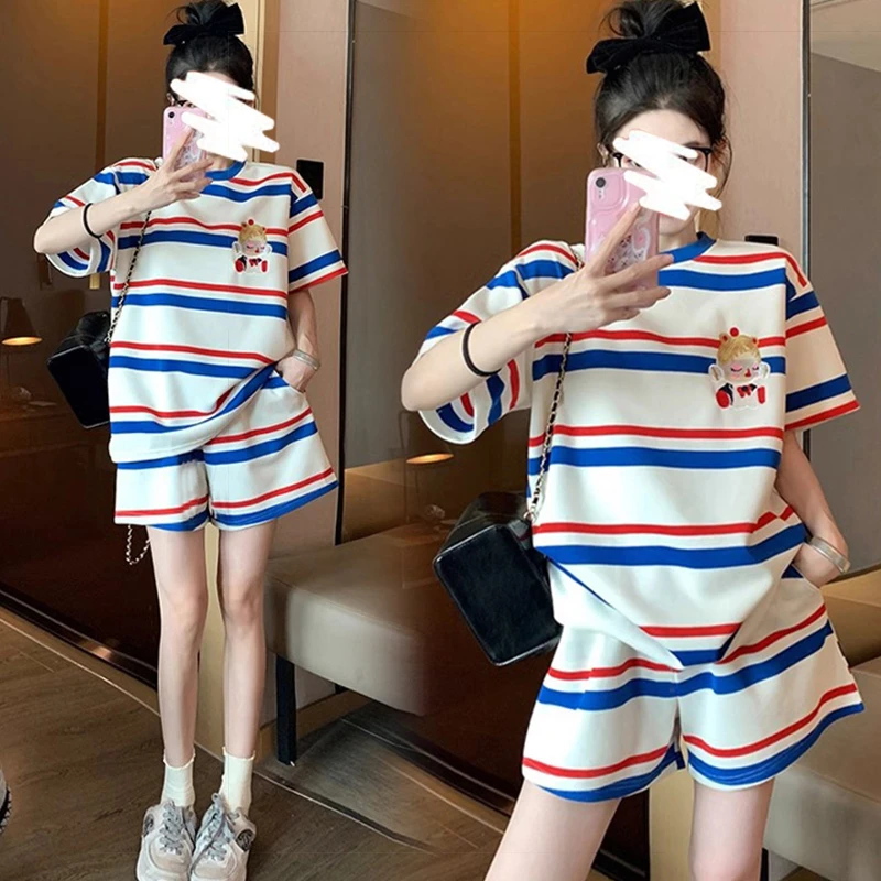 2025新款夏季孕妇套装彩色条纹宽松时尚休闲运动孕妇两件套装