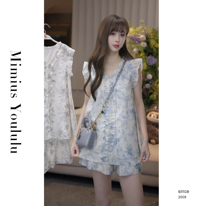 【mimius】七七 温柔风甜美荷叶边碎花衬衫短裤（松紧腰）G07011