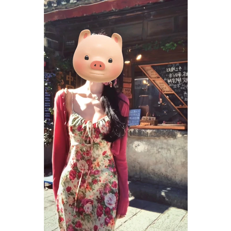 大码春夏纯欲风碎花吊带连衣裙法式高级感鱼尾长裙木耳边小开衫仙