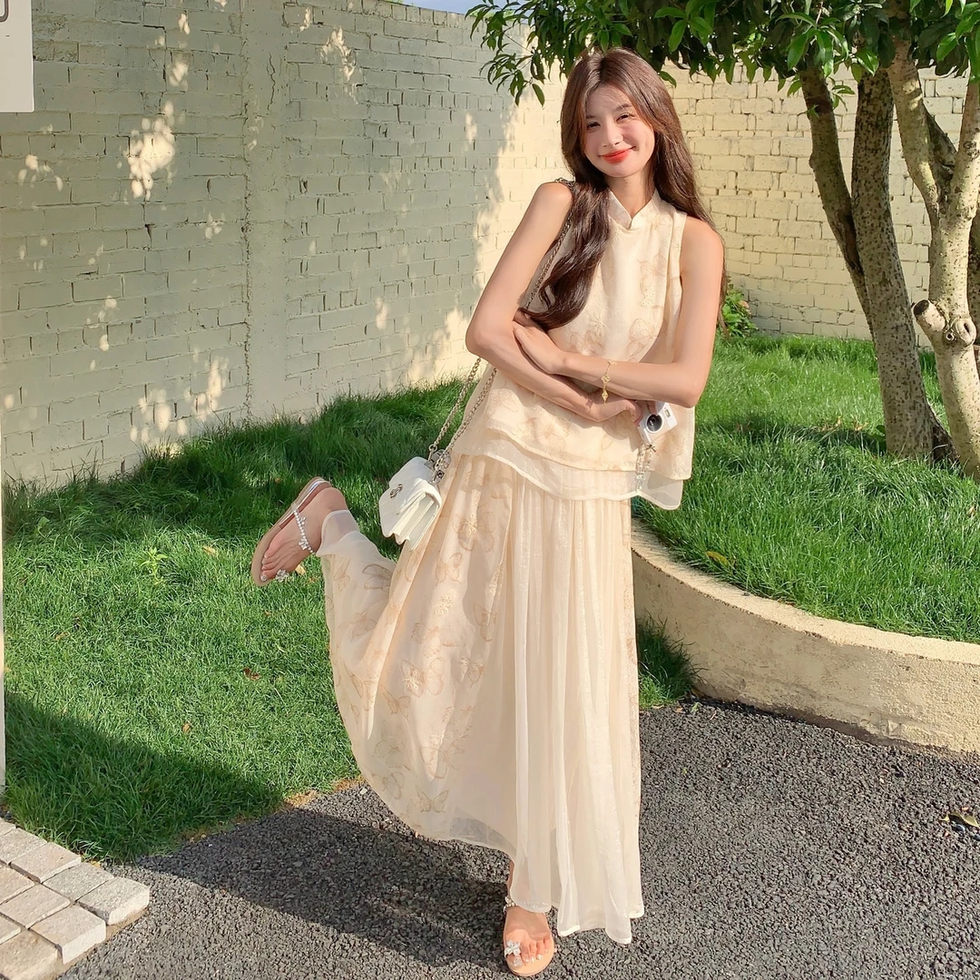 新中式无袖时尚套装裙两件套女装2025夏季新款蕾丝盘扣国风两件套