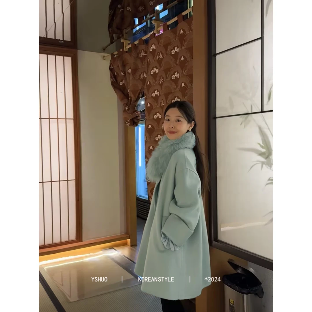 YSHUO【温柔时光】高级秋冬双面手工呢子毛毛领子磁吸扣大衣 33011