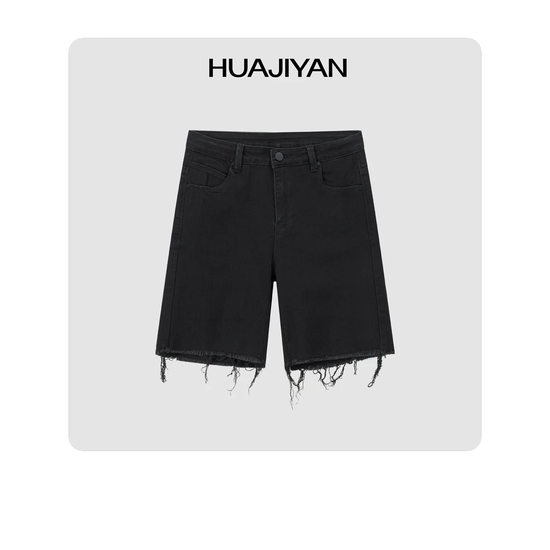 华吉言/HUAJIYAN【骑行裤】黑色毛边设计弹力牛仔短裤