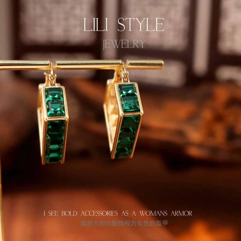 铜合金耳饰 轻奢高级感绿色几何耳扣女小众气质个性耳饰K062