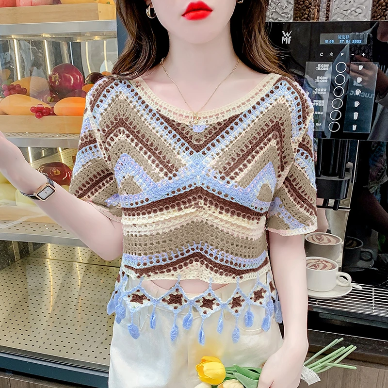 波西米亚风刺绣镂空设计感冰丝针织衫女夏民族风流苏钩花短袖上衣