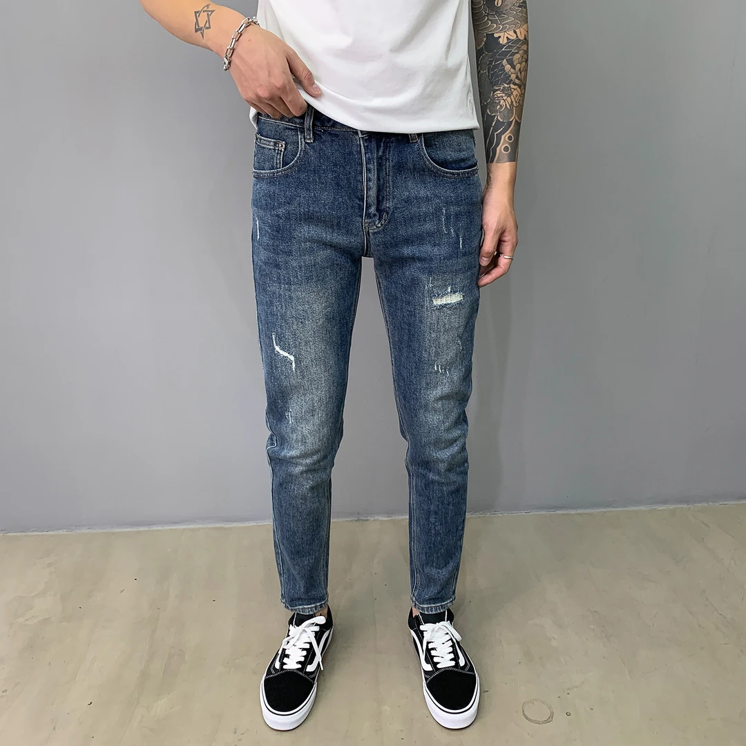 潮牌破洞蓝色牛仔裤男做旧水洗秋冬季韩版百搭修身高街小脚长裤