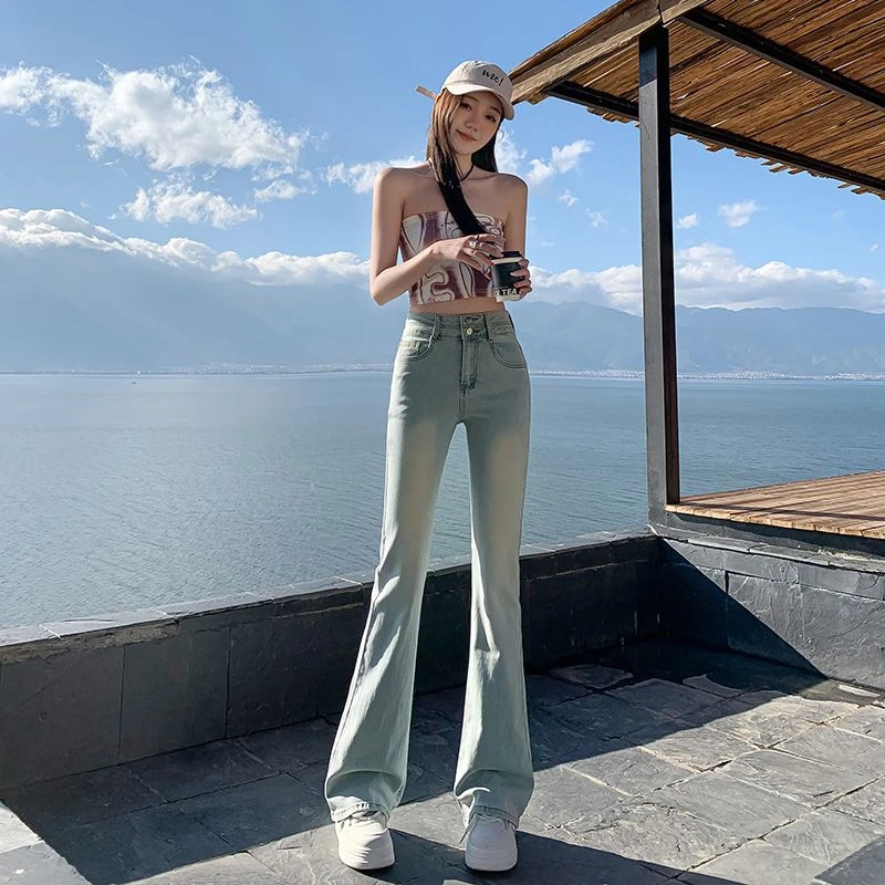 实拍2025春季新款微喇牛仔裤女高腰宽松显瘦弹力直筒裤子小个子