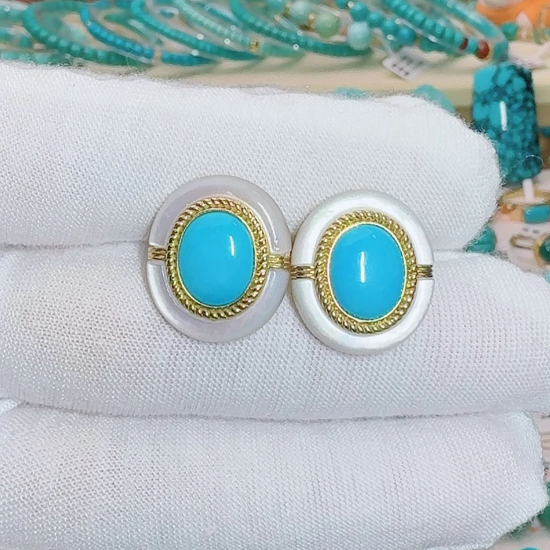 绿松石18K金镶嵌珠宝奇石精品耳钉