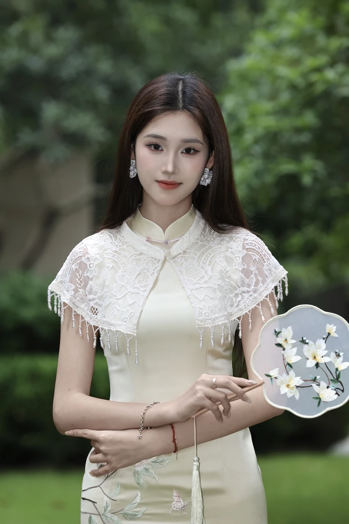 云曦 新中式夏季复古提花日常气质修身法式蕾丝云肩