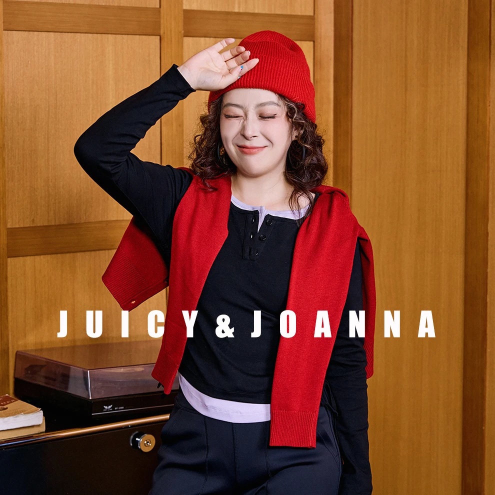 JUICY&JOANNA/橘子樱桃撞色假两件抽褶收腰上衣
