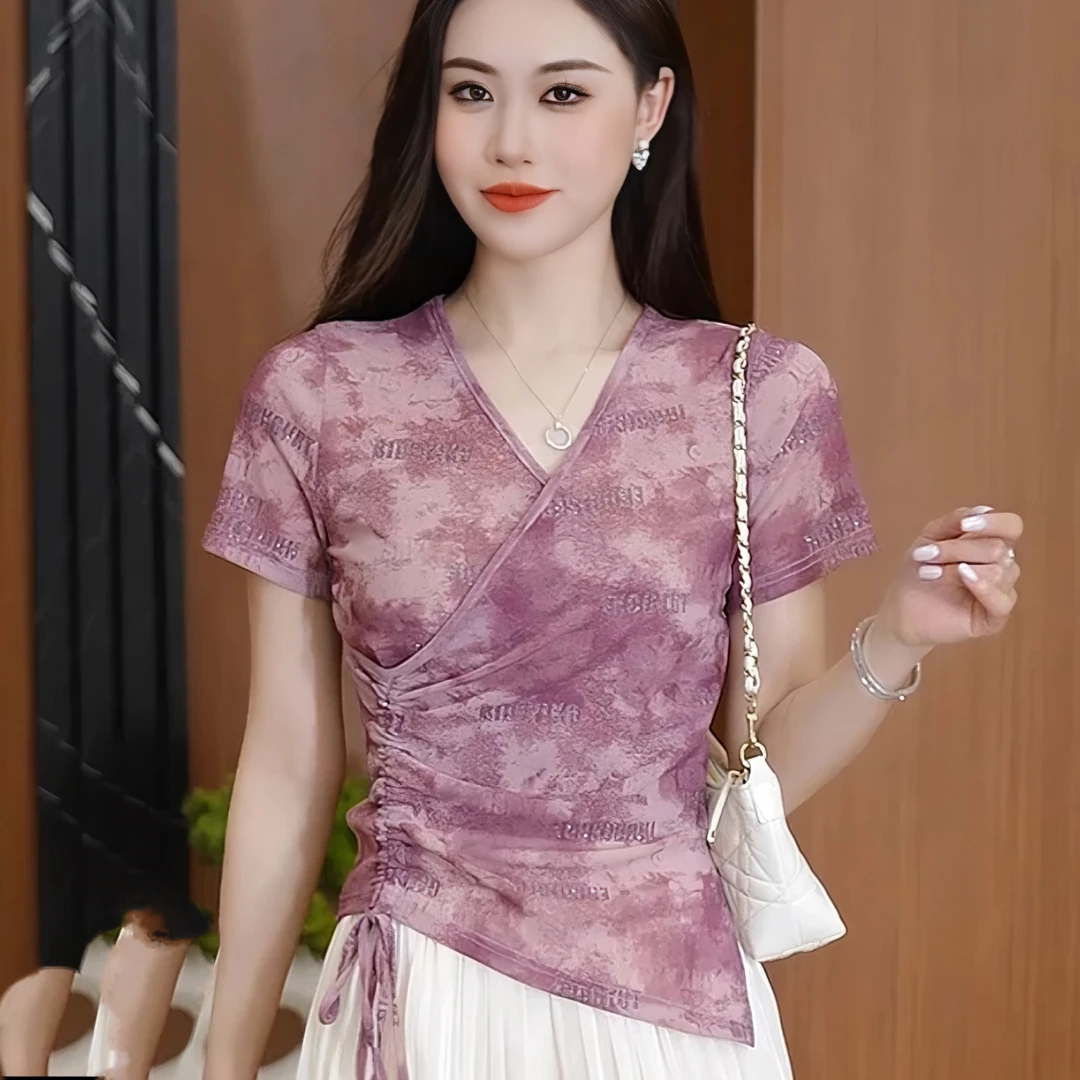 设计感小众抽褶V领短袖T恤女夏季新款洋气显瘦时尚通勤风套头上衣