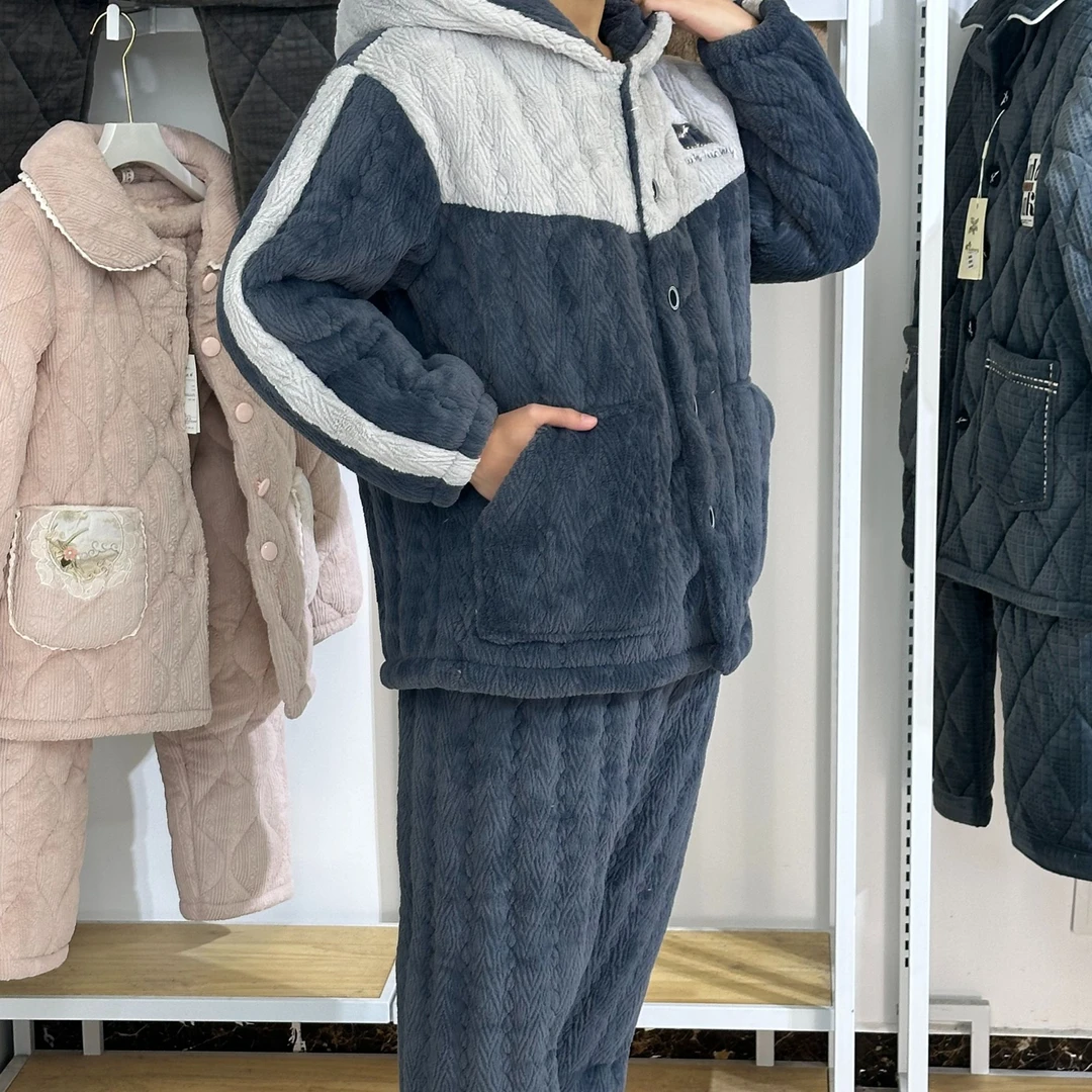 【绵制原创】冬季新款三层夹棉男士加厚加绒棉睡衣家居服可外穿