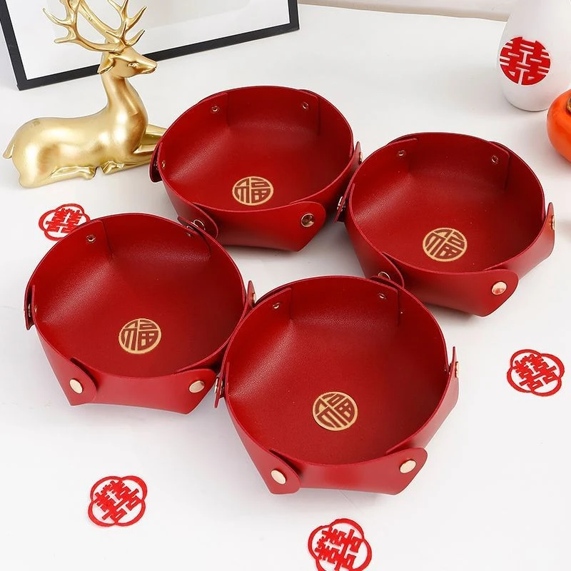 喜盘皮质婚庆红色乔迁新年福果盘喜糖摆件订婚装饰结婚用品婚礼