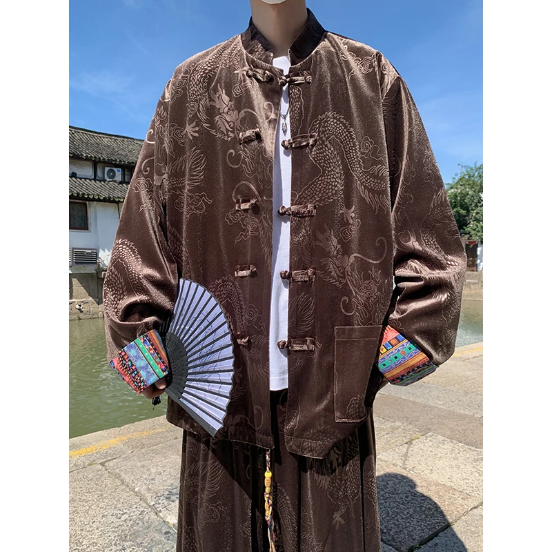 中国风茶服外套男士立领盘扣唐装秋冬季新中式复古金丝绒宽松夹克