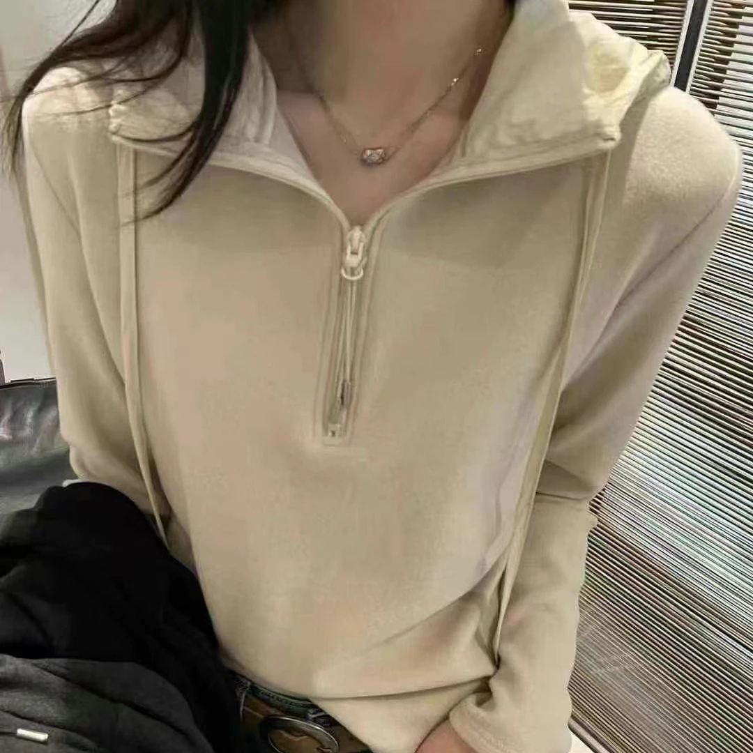 韩版连帽拼接半拉链德绒卫衣女装打底衫