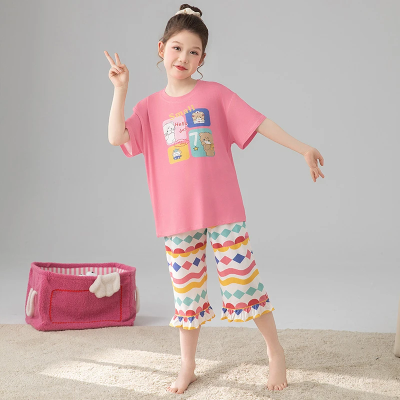 【莫代尔】七分裤儿童款睡衣夏季薄款短袖中大童女童家居服公主套装