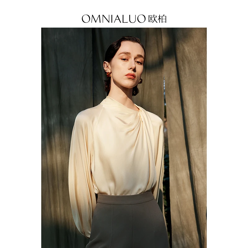 欧柏兰高端奴重磅真丝上衣女长袖2025春季设计感OL气质桑蚕丝衬衫