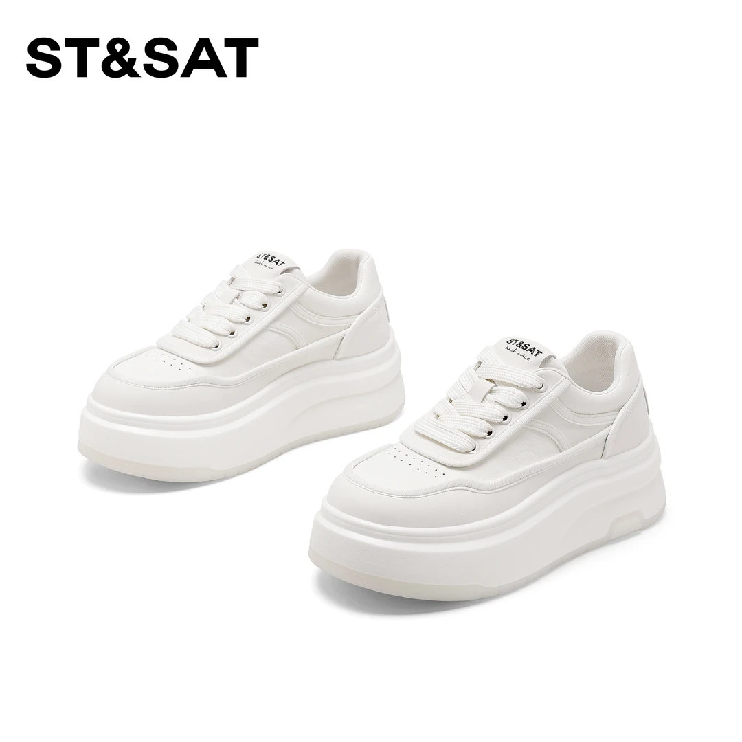 St&Sat/星期六百搭时尚透气休闲鞋2025新款系带厚底小白鞋女增高