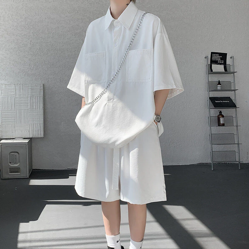 冰感套装男夏季薄款速干宽松透气大码衬衫短袖五分短裤一整套