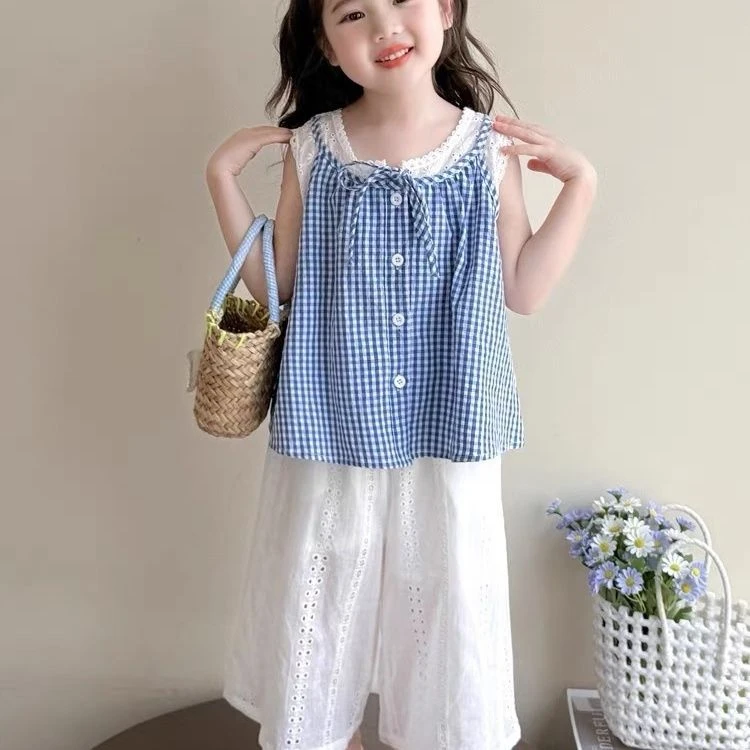 巴拉女童夏季新款气质韩版潮流2025套装薄款格纹娃娃衫小女孩夏装