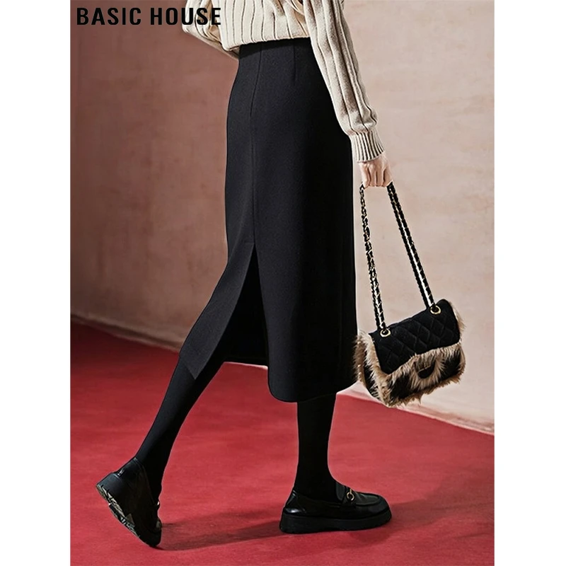 Basic House/百家好黑色开叉半身裙女秋冬高腰毛呢加厚包臀一步裙