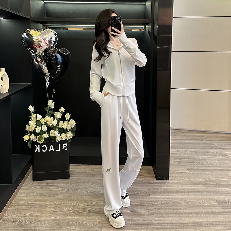 韩版运动休闲两件套女春季2025新款白色连帽开衫上衣长裤套装