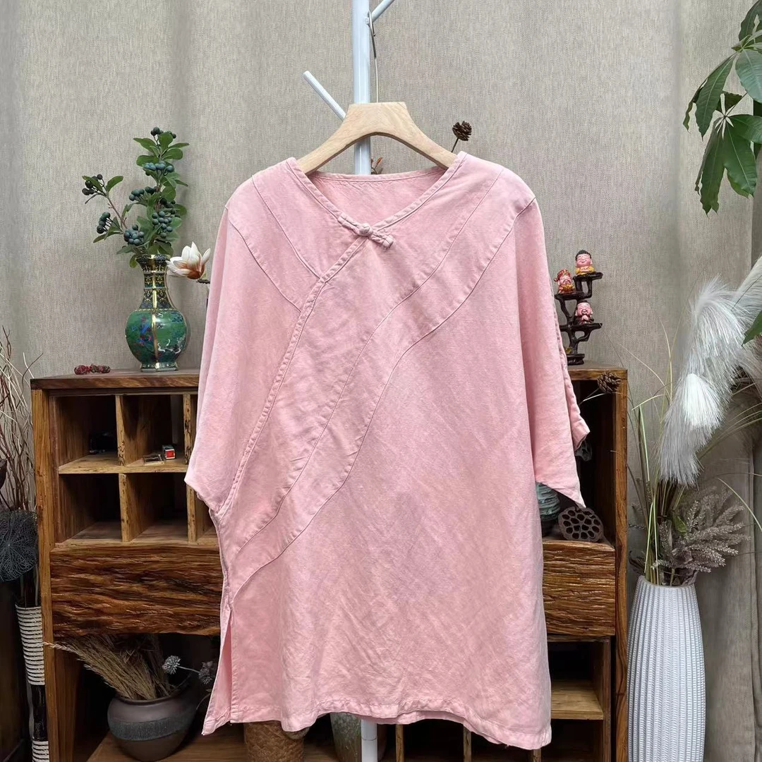 花璟与麻原创设计款鸡心领斜襟拼接小衫（衣长75胸围不限）