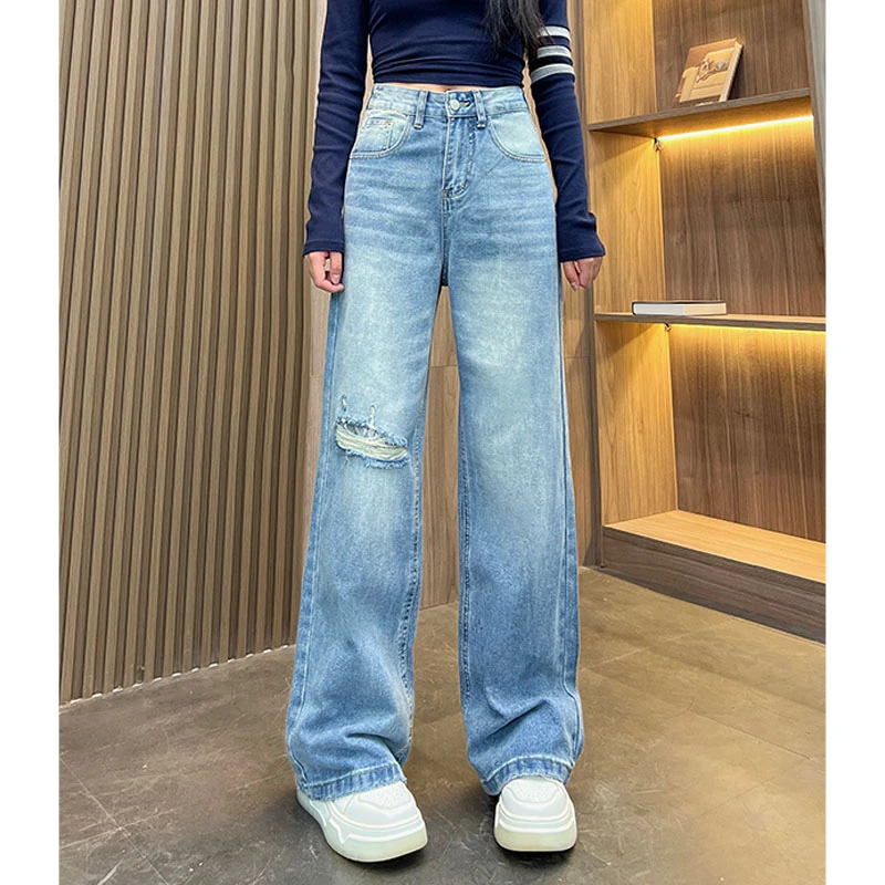 美式高街破洞直筒阔腿裤女2025春秋季新款时尚宽松显瘦低腰牛仔裤